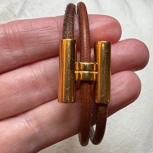 Hermes Gold Plated H Tournis Leather Bracelet